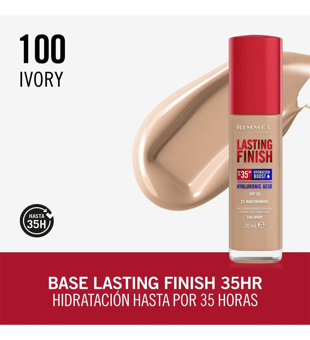 Base Maquillaje Lasting Finish 35 Hours Rimmel London Tono 100 Ivory x 30ml.