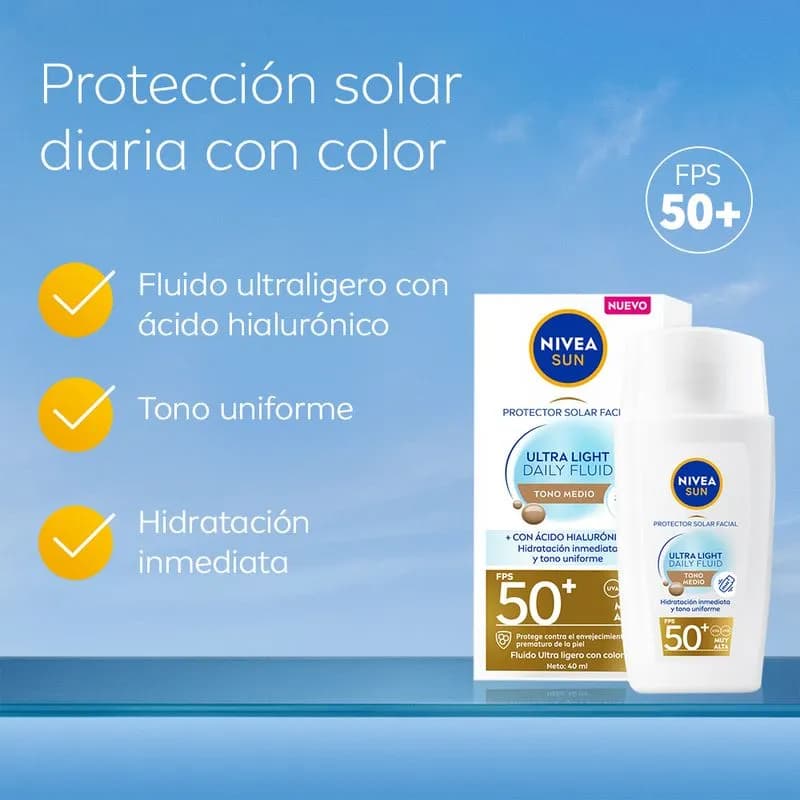 NIVEA Protector Solar Facial Nivea Sun Ultra Light Daily Fluid Tono Medio FPS50+ Para Todo Tipo De Piel x 40ml.