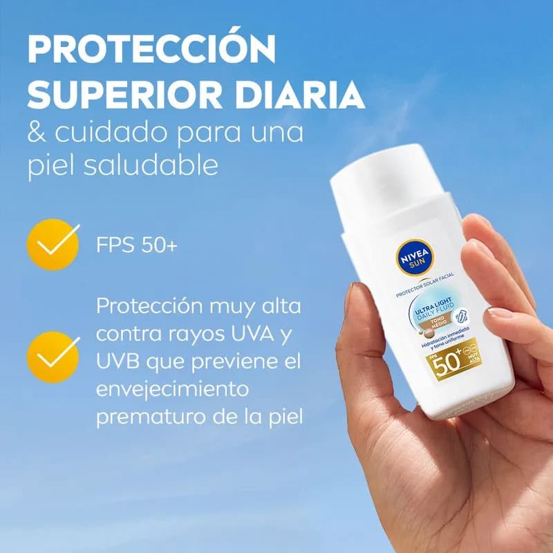 NIVEA Protector Solar Facial Nivea Sun Ultra Light Daily Fluid Tono Medio FPS50+ Para Todo Tipo De Piel x 40ml.