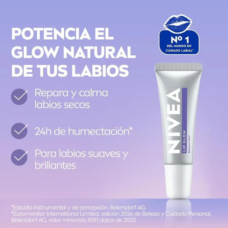 NIVEA Bálsamo labial Lip Glow con Ácido Hialurónico x 10ml.