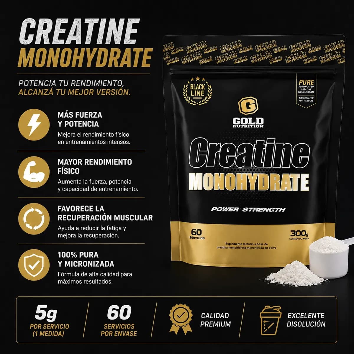 Creatina Monohidrato Micronizada Sin Sabor Gold Nutrition x 300grs.