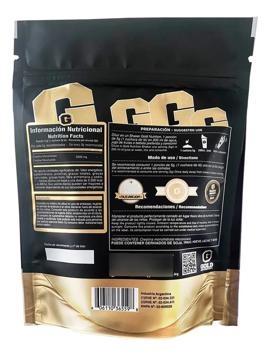 Creatina Monohidrato Micronizada Sin Sabor Gold Nutrition x 300grs.