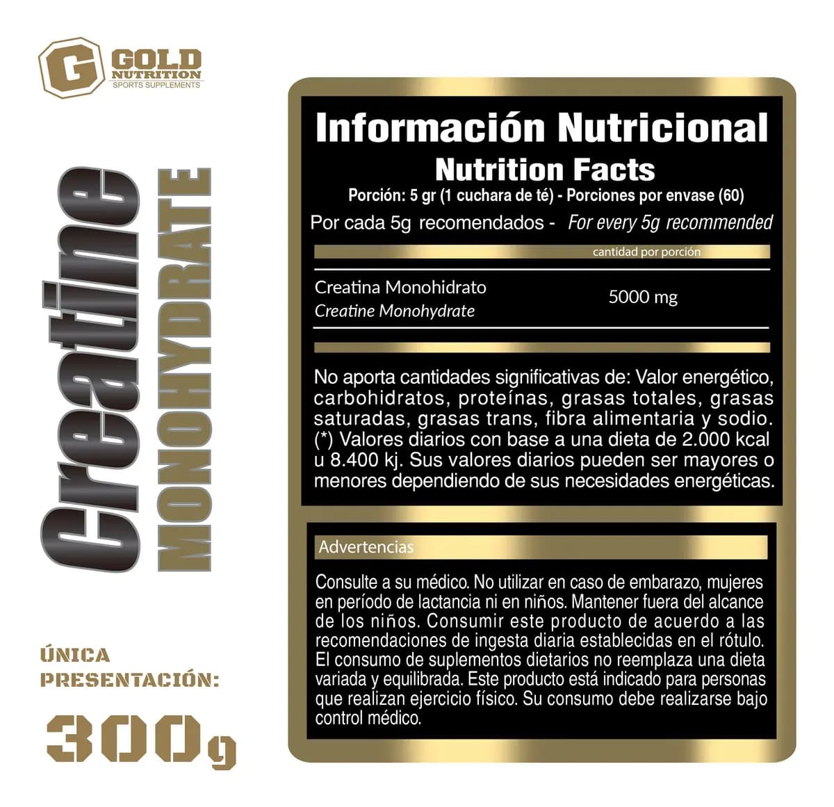 Creatina Monohidrato Micronizada Sin Sabor Gold Nutrition x 300grs.