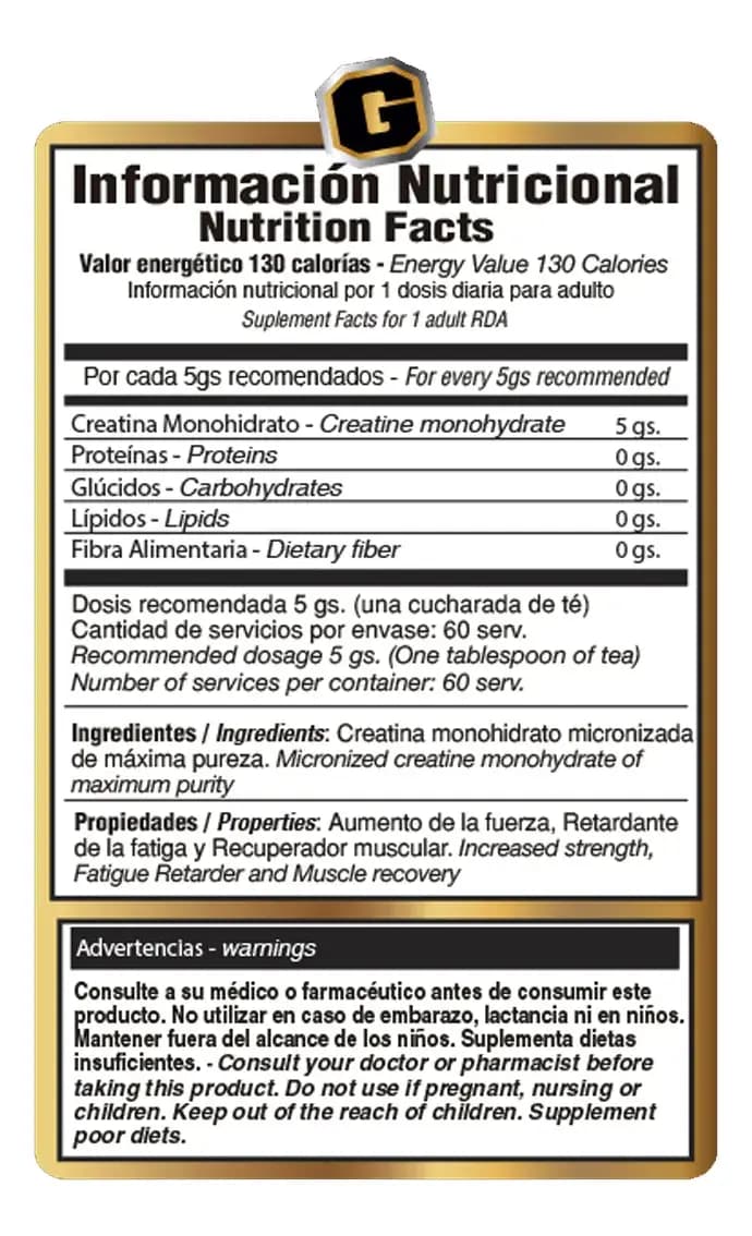 Creatina Monohidrato Micronizada Sin Sabor Gold Nutrition x 300grs.