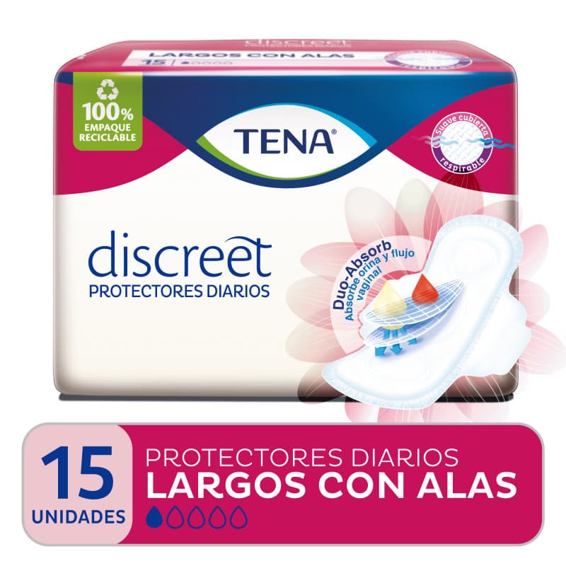 TENA Protector Diario Discreet Largo c/alas x 15 uni.