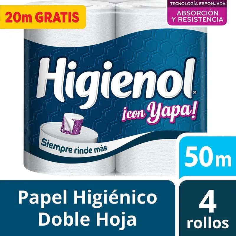 Papel higiénico Higienol doble hoja con yapa x 4 50mts.