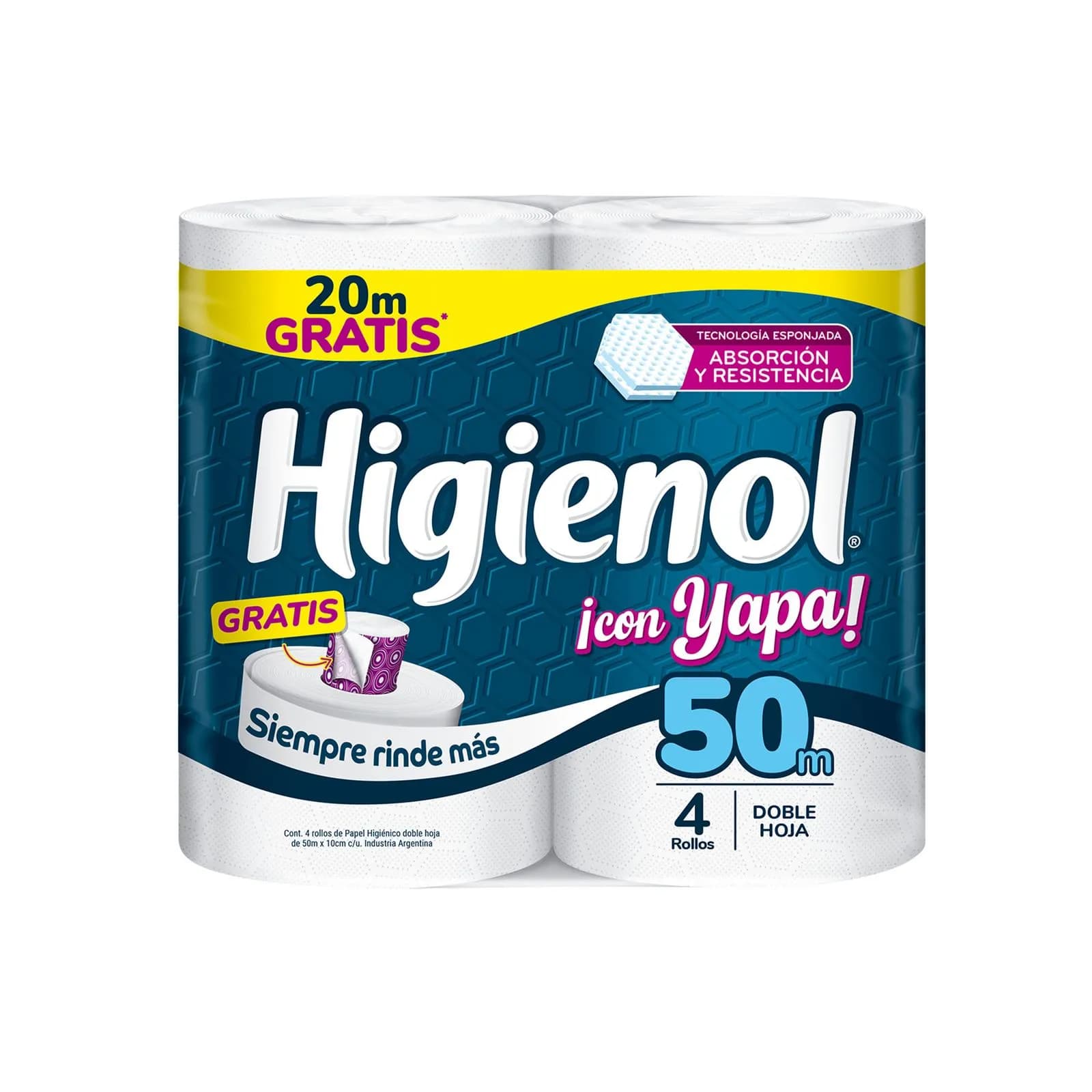 Papel higiénico Higienol doble hoja con yapa x 4 50mts.