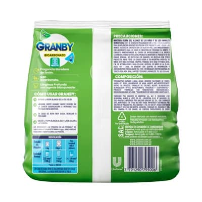 GRANBY Jabón en polvo para lavar ropa bicarbonato baja espuma de limón x 400grs.