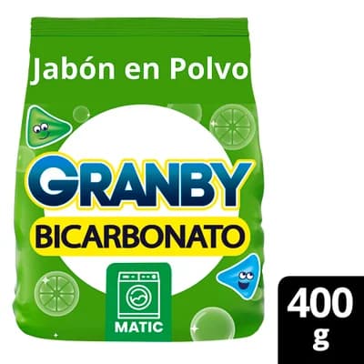 GRANBY Jabón en polvo para lavar ropa bicarbonato baja espuma de limón x 400grs.