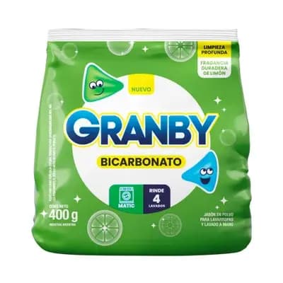 GRANBY Jabón en polvo para lavar ropa bicarbonato baja espuma de limón x 400grs.