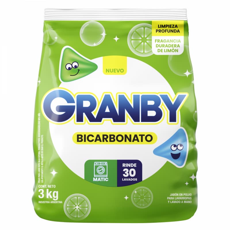 Jabón en Polvo para ropa Granby Bicarbonato Limón Matic x 3KG.