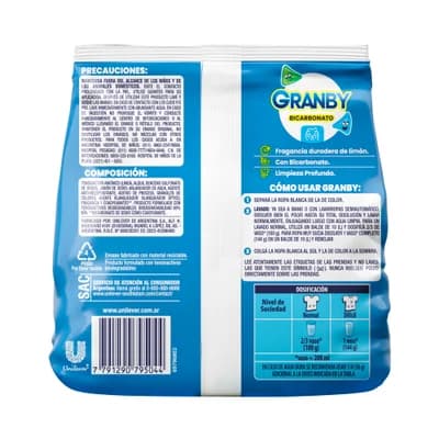 GRANBY Jabón en polvo para lavar ropa bicarbonato lavado a mano de limón x 400grs.
