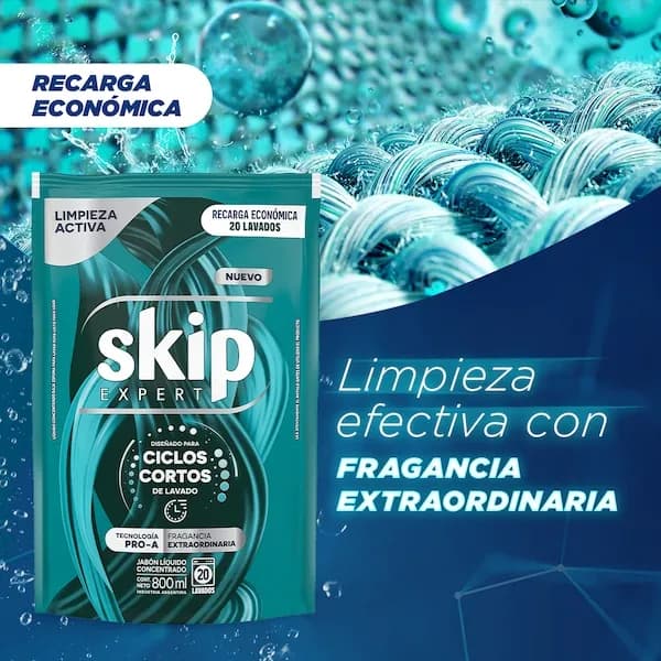 SKIP Jabón Líquido Concentrado Limpieza Activa Doypack x 800ml.