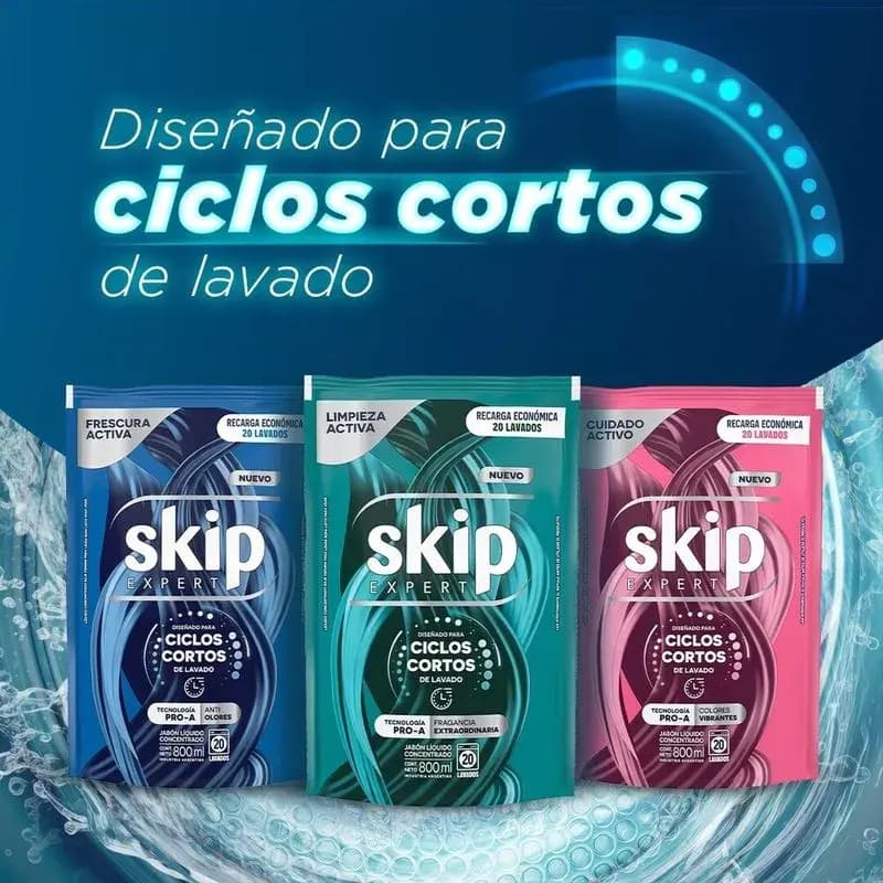 SKIP Jabon Liquido Concentrado para Ciclo Corto Cuidado Activo Doypack x 800ml.