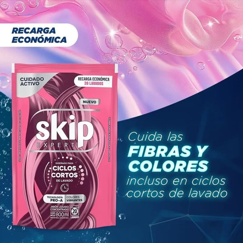 SKIP Jabon Liquido Concentrado para Ciclo Corto Cuidado Activo Doypack x 800ml.