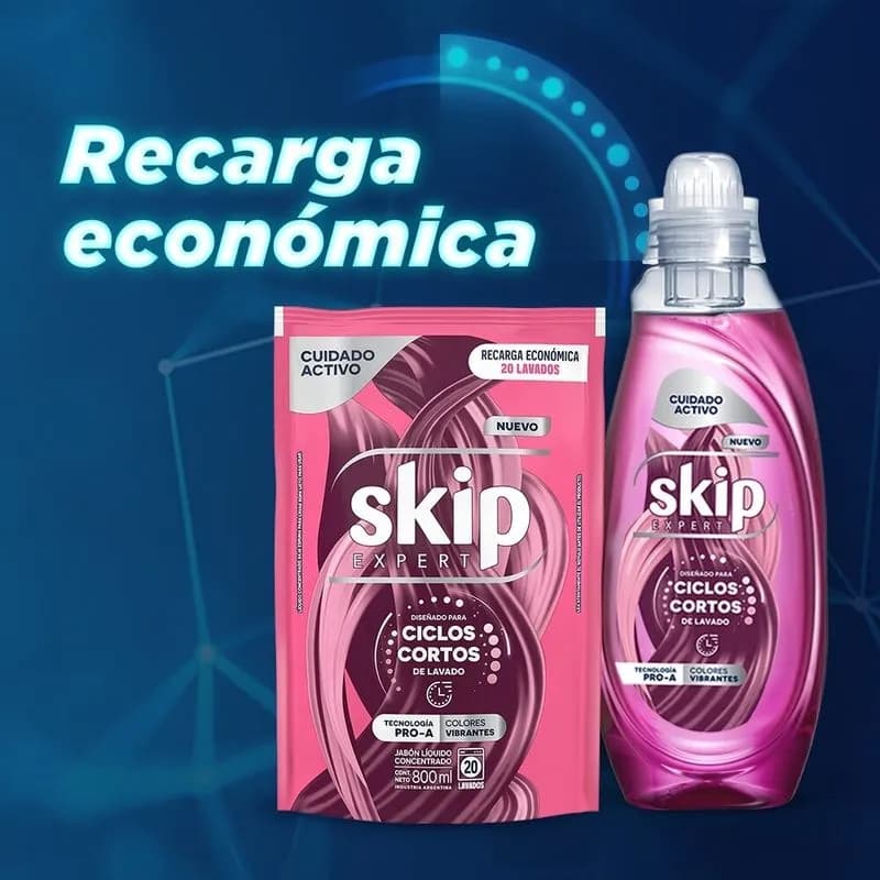 SKIP Jabon Liquido Concentrado para Ciclo Corto Cuidado Activo Doypack x 800ml.