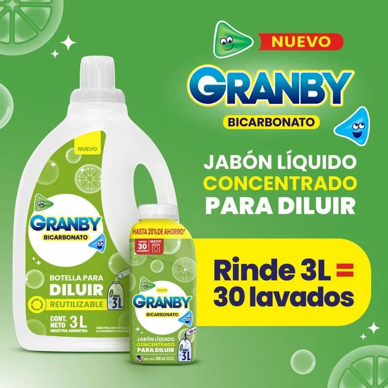 GRANBY Jabón Liquido Concentrado Para Diluir Baja Espuma Limón x 500ml.