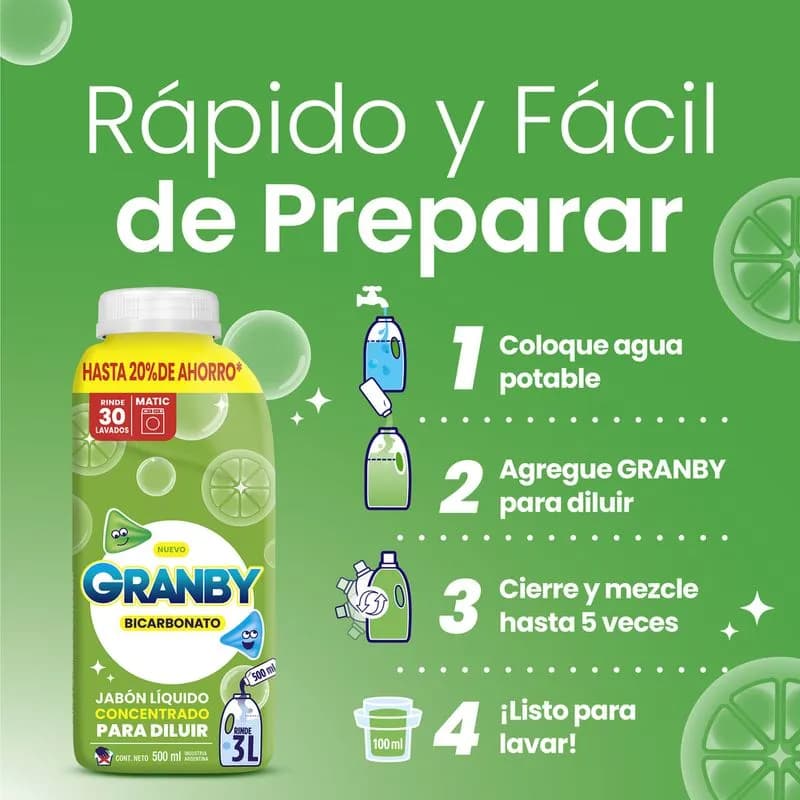 GRANBY Jabón Liquido Concentrado Para Diluir Baja Espuma Limón x 500ml.