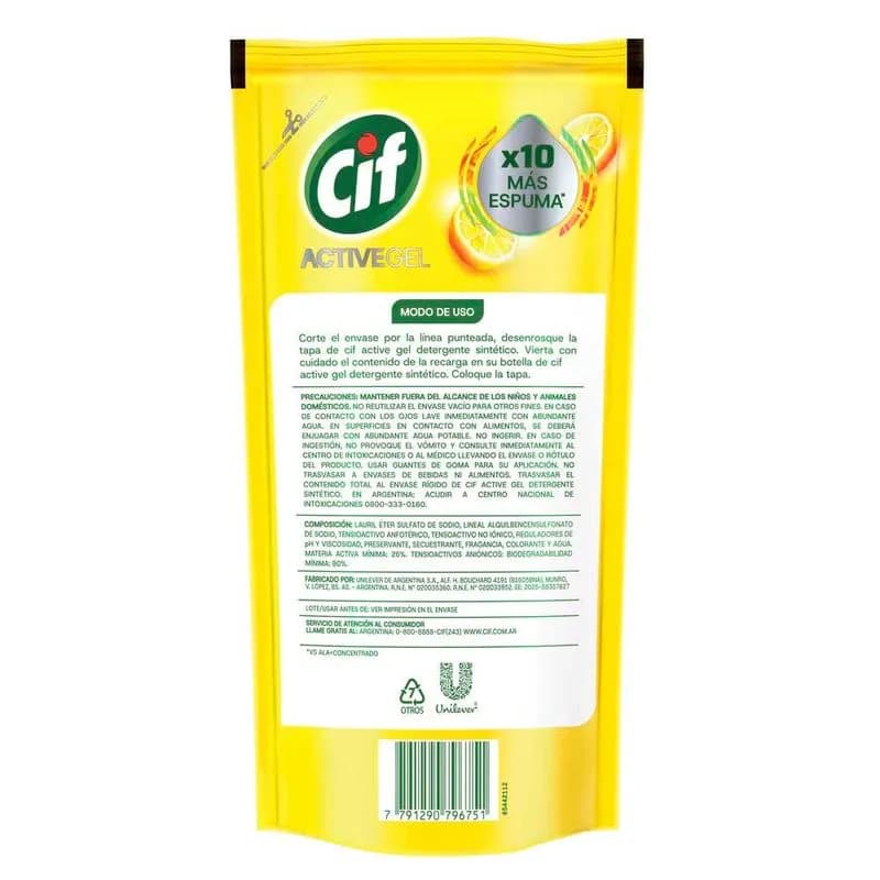 Detergente gel Cif Active limón Doypack x 400ml.