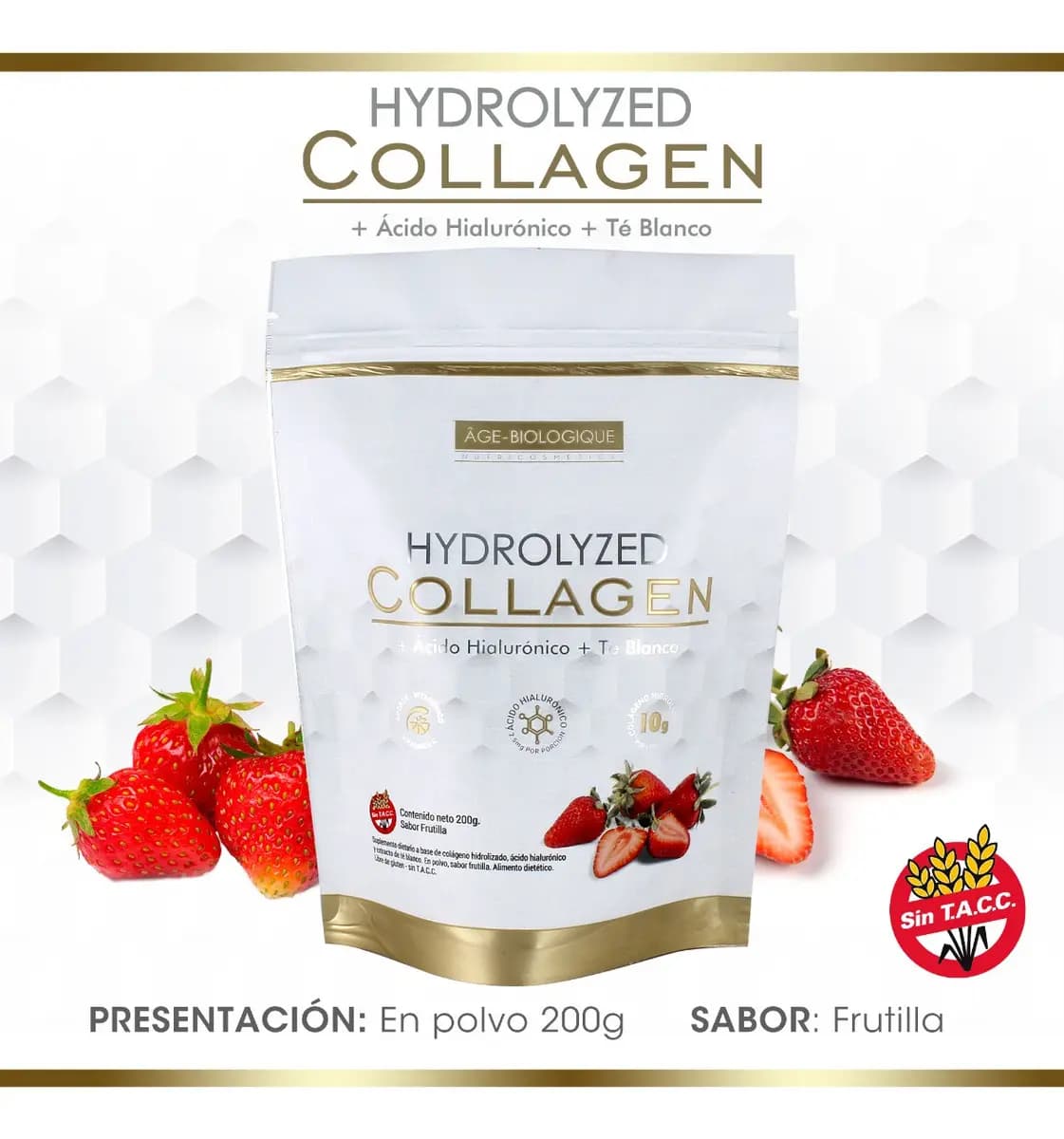 Collagen Hydrolyzed + Acido Hialuronico Gold Sabor Frutila x 200grs.